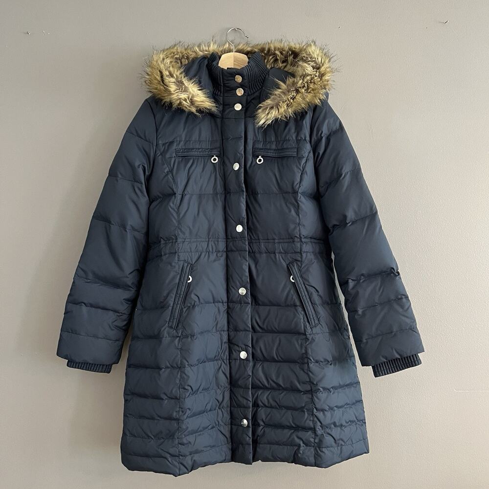 DKNY Donna Karan NY Women’s Long Down Puffer Coat Faux Fur Trim Hood Navy Blue L